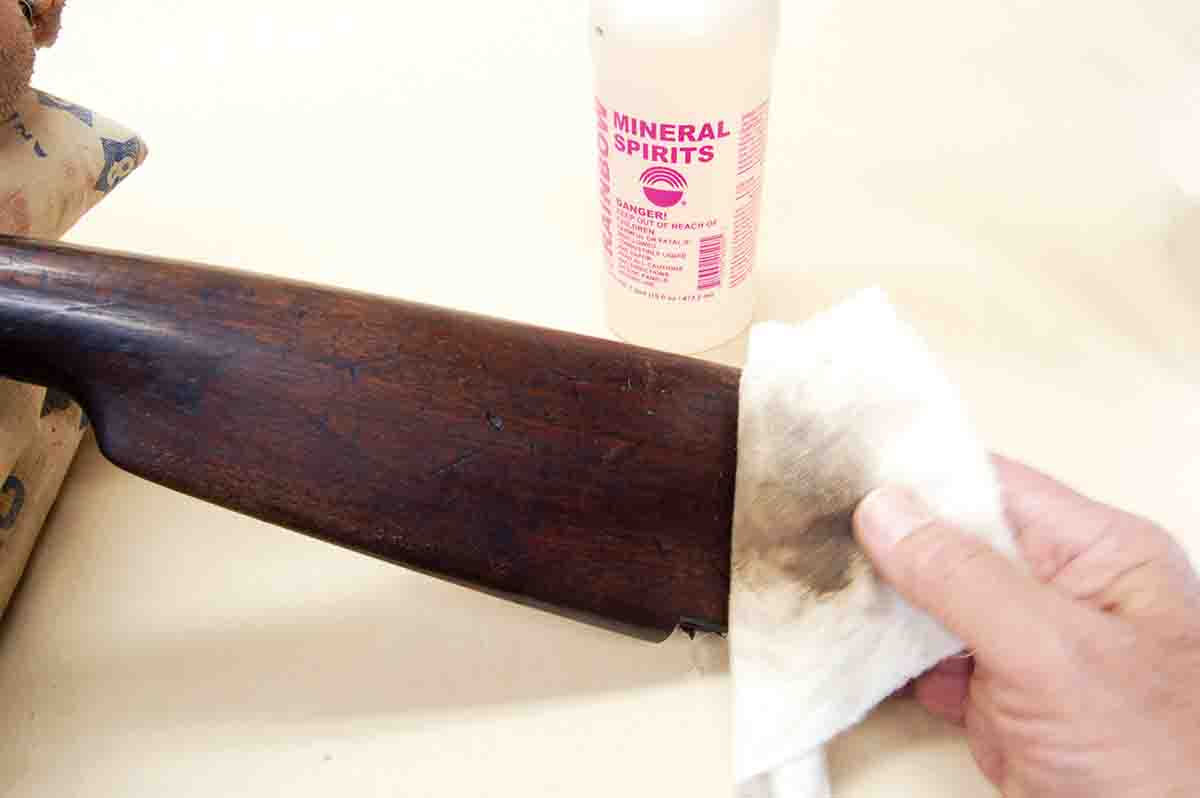 After rubbing with mineral spirits, grime was coming off the wood surface.